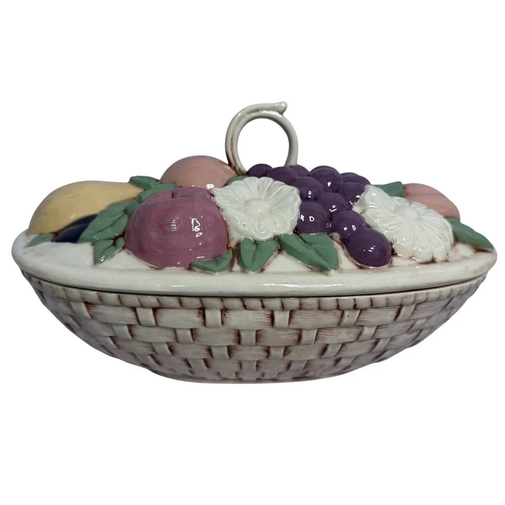 Vintage Cottage Mid Century Ceramic Fruit‎ Floral Covered Dish Tromp L'oeil
